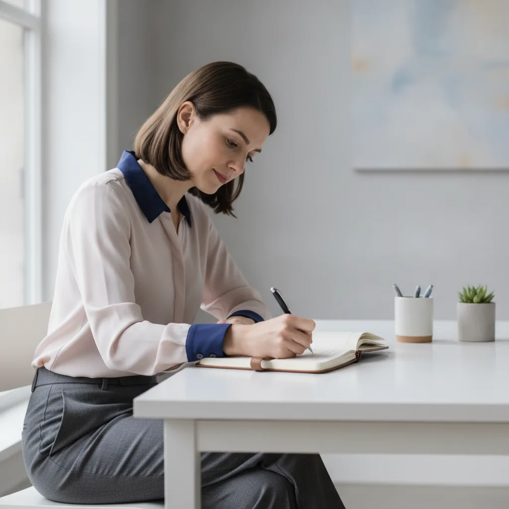 A focused woman writing clearly at her desk, morning light