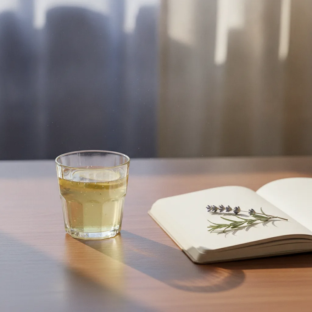 Morning ritual with a wellness drink on a sunlit desk
